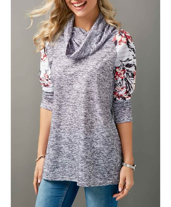 Patchwork Cowl Neck Flower Print T Shirt